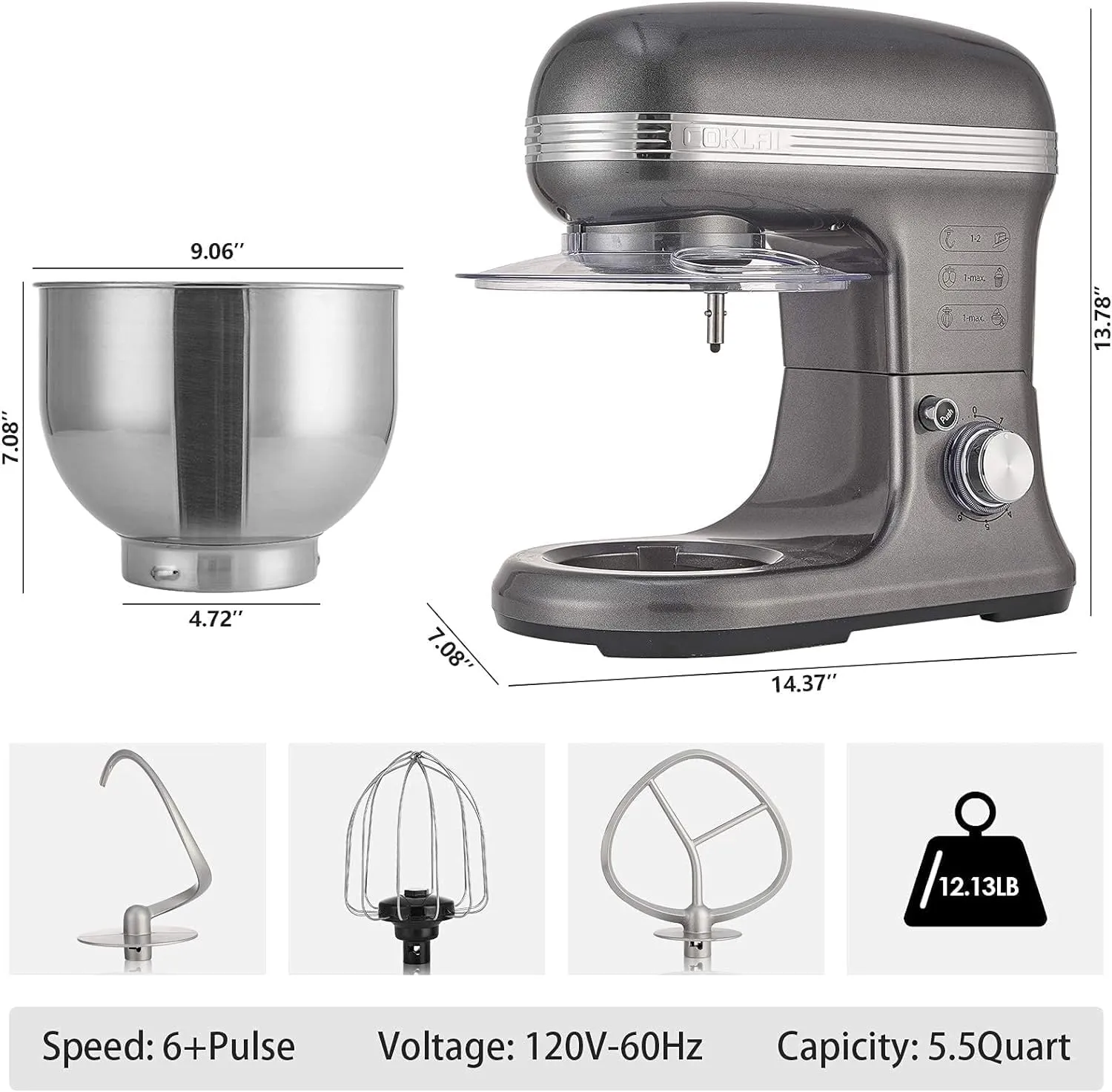 Stand Mixer, Electric Mixer, 6 Speed Dough Mixer Metal Lid with Stainless Steel Bowl, Tilt-head Kitchen Mixer with Wire Whisk, Dough Hook, Flat Beater & Splash Guard, Food Mixer for Baking