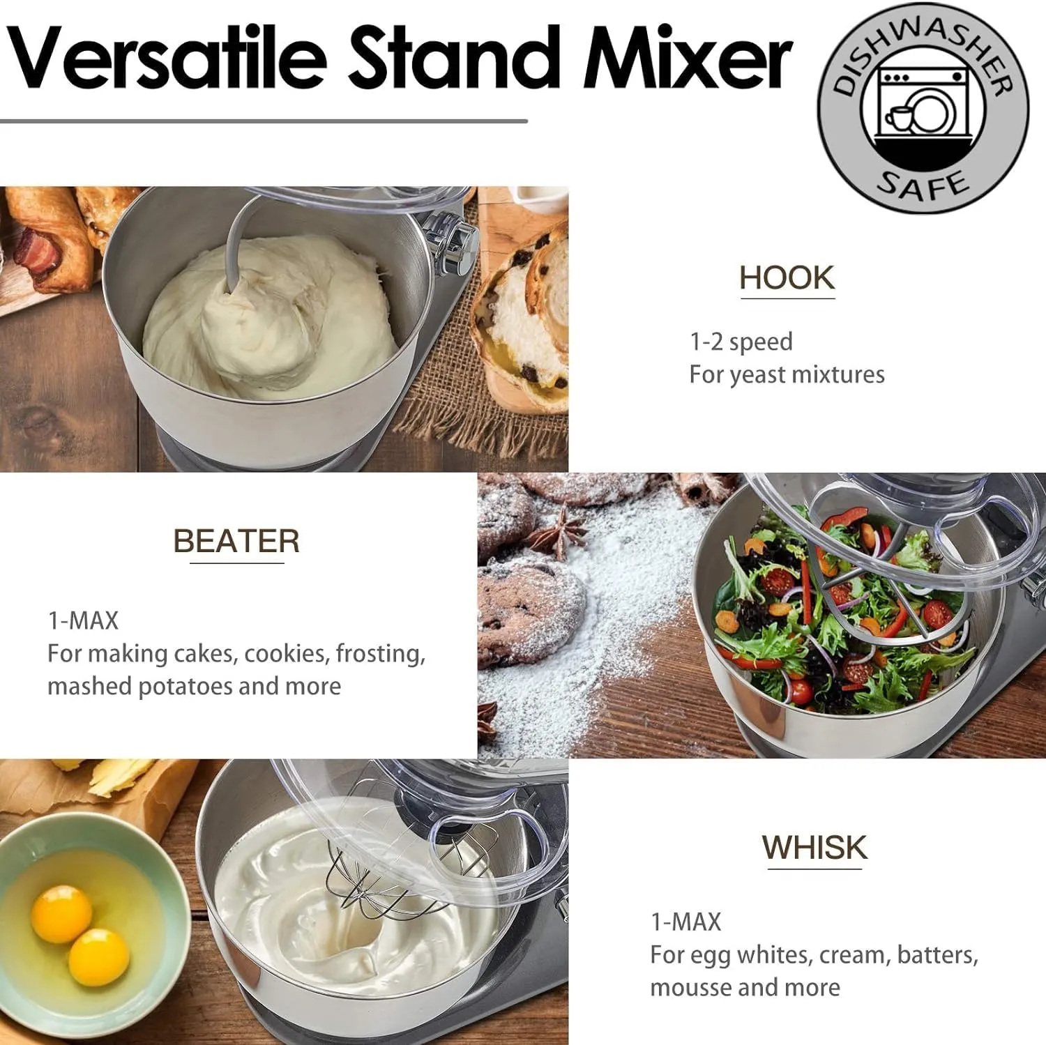 Stand Mixer, Electric Mixer, 6 Speed Dough Mixer Metal Lid with Stainless Steel Bowl, Tilt-head Kitchen Mixer with Wire Whisk, Dough Hook, Flat Beater & Splash Guard, Food Mixer for Baking