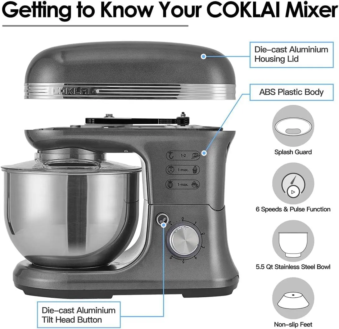 Stand Mixer, Electric Mixer, 6 Speed Dough Mixer Metal Lid with Stainless Steel Bowl, Tilt-head Kitchen Mixer with Wire Whisk, Dough Hook, Flat Beater & Splash Guard, Food Mixer for Baking
