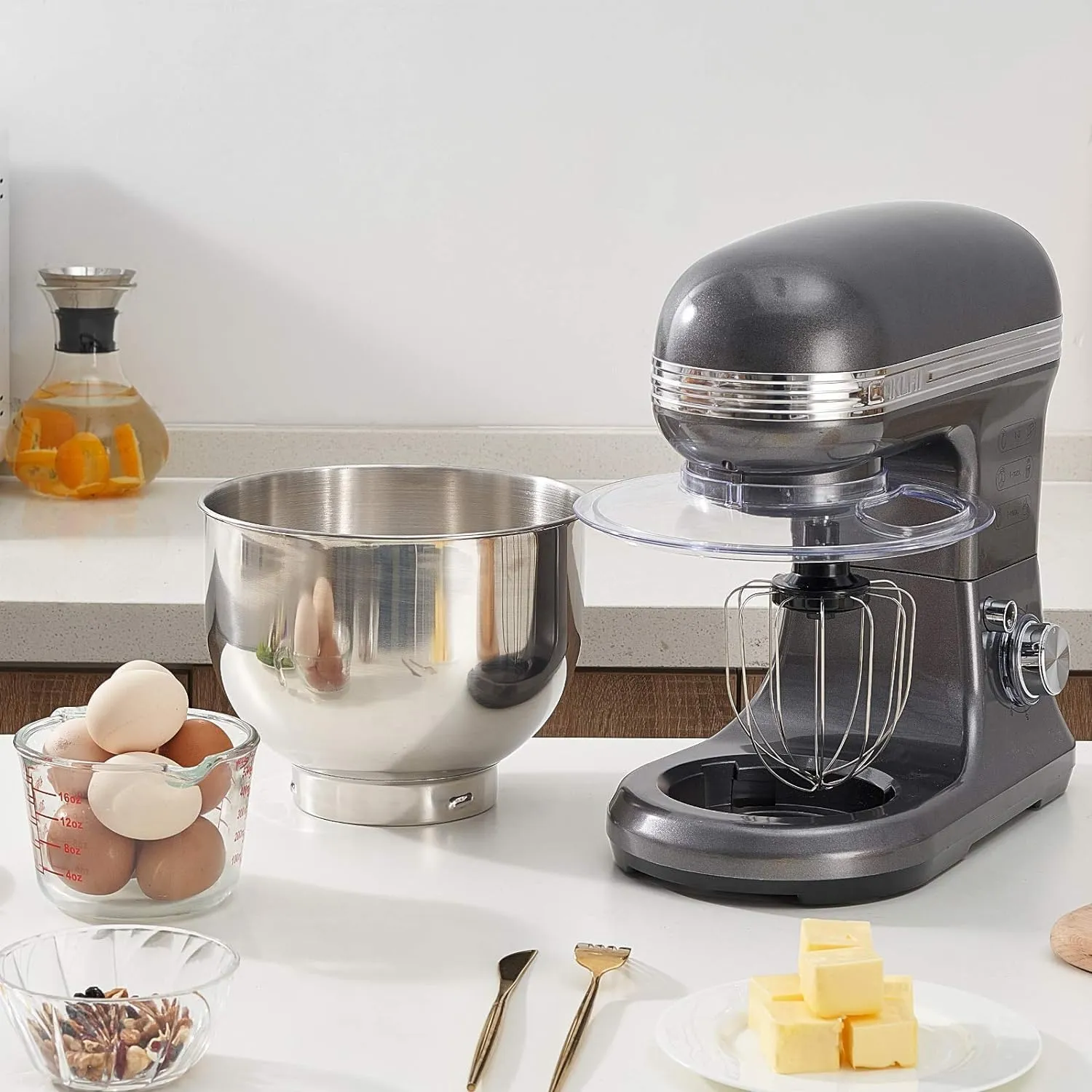 Stand Mixer, Electric Mixer, 6 Speed Dough Mixer Metal Lid with Stainless Steel Bowl, Tilt-head Kitchen Mixer with Wire Whisk, Dough Hook, Flat Beater & Splash Guard, Food Mixer for Baking