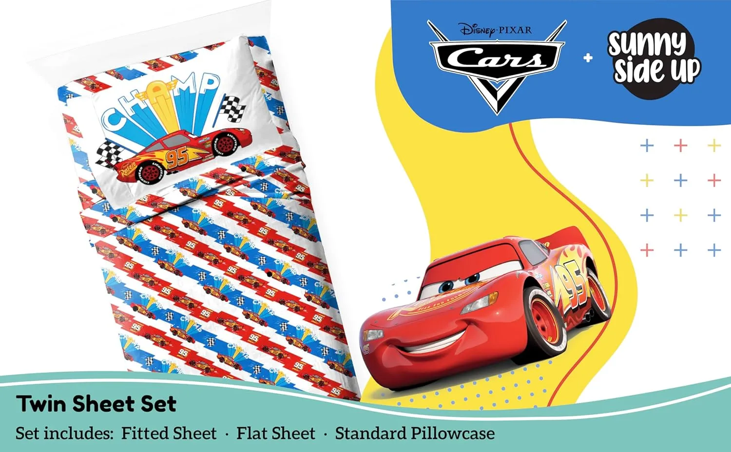 Sunny Side Up Disney Pixar Cars Lightning McQueen Twin Sheet Set - 3 Piece Kids Racecar Bedding Set Includes Pillow Cover - Super Soft Microfiber Sheets