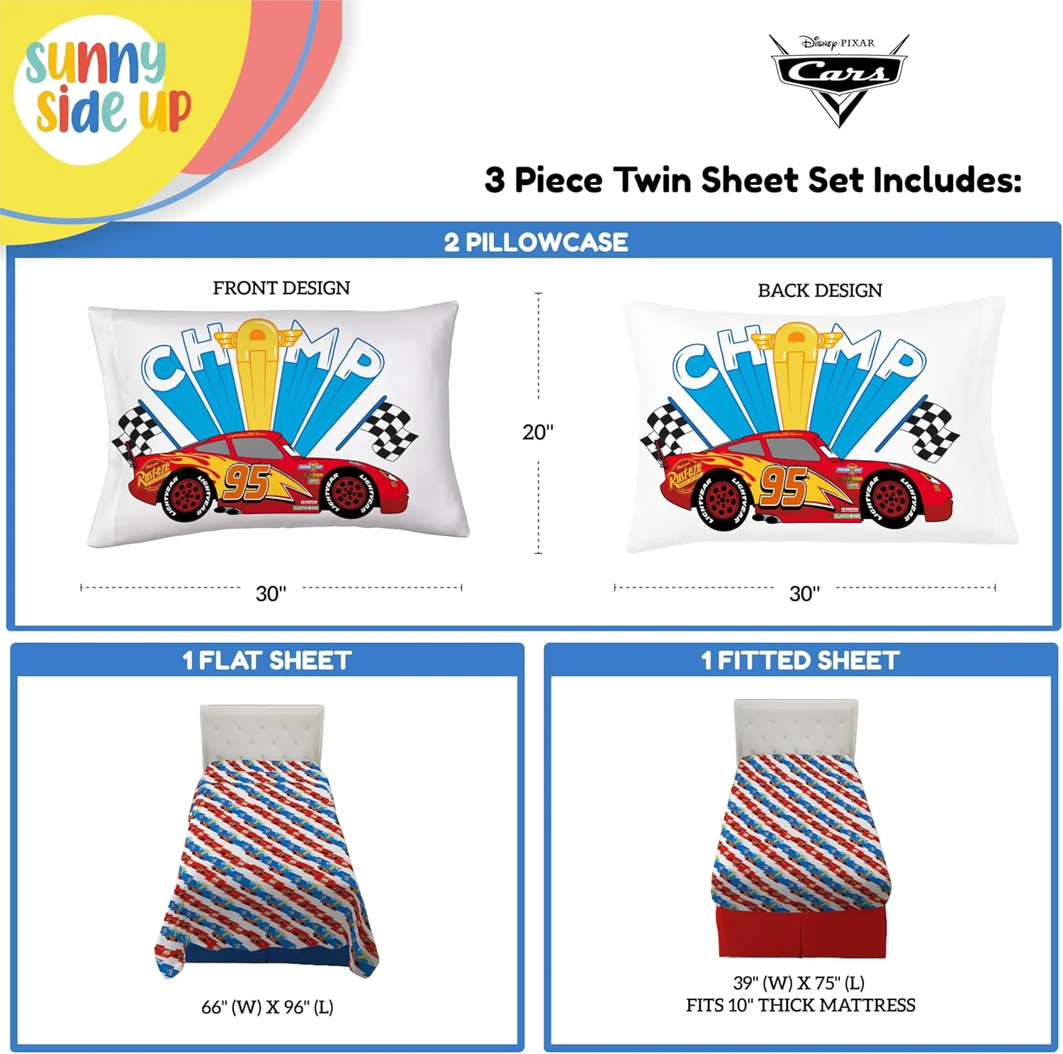 Sunny Side Up Disney Pixar Cars Lightning McQueen Twin Sheet Set - 3 Piece Kids Racecar Bedding Set Includes Pillow Cover - Super Soft Microfiber Sheets