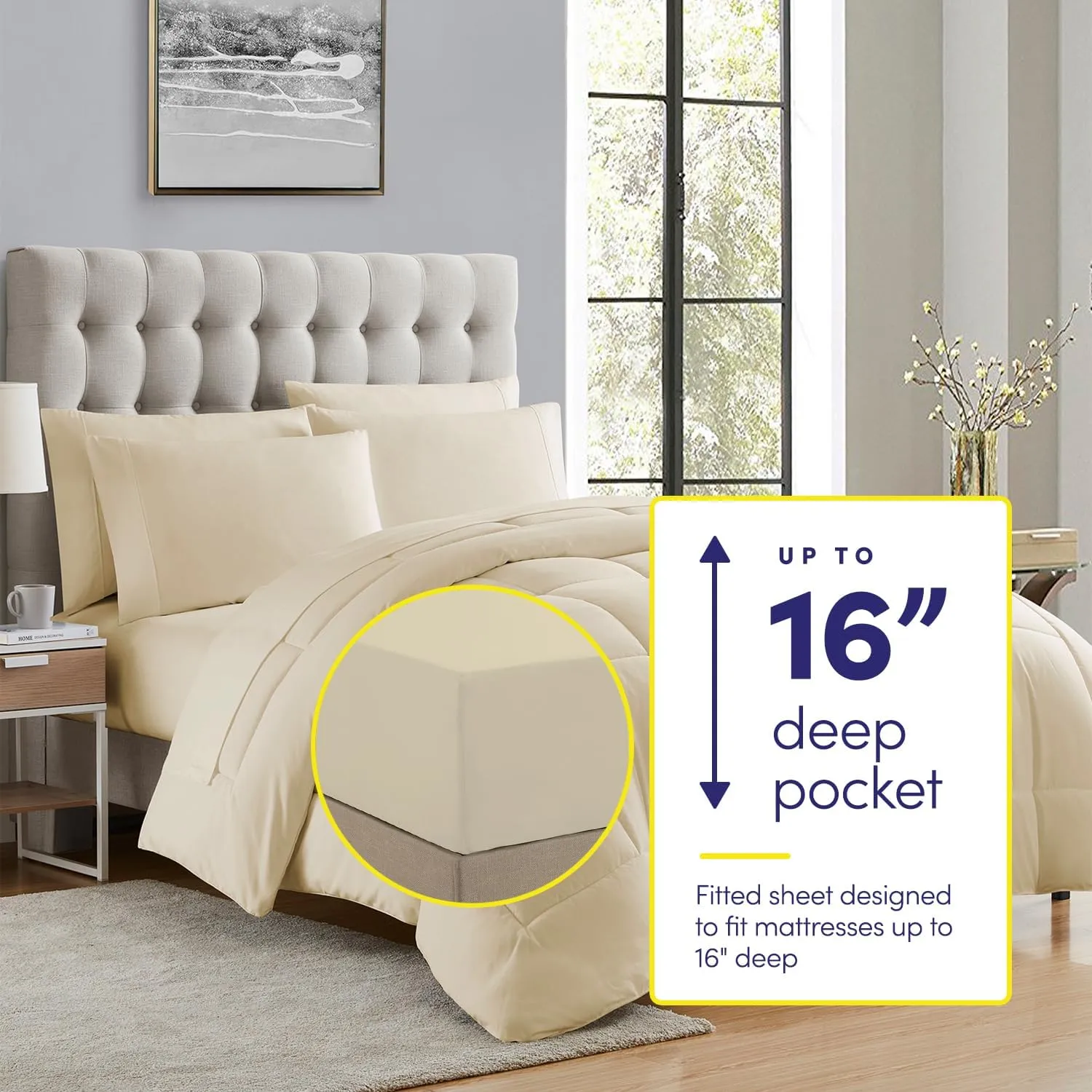 Sweet Home Collection 7 Piece Comforter Set Bag Solid Color All Season Soft Down Alternative Blanket & Luxurious Microfiber Bed Sheets, Beige, Queen