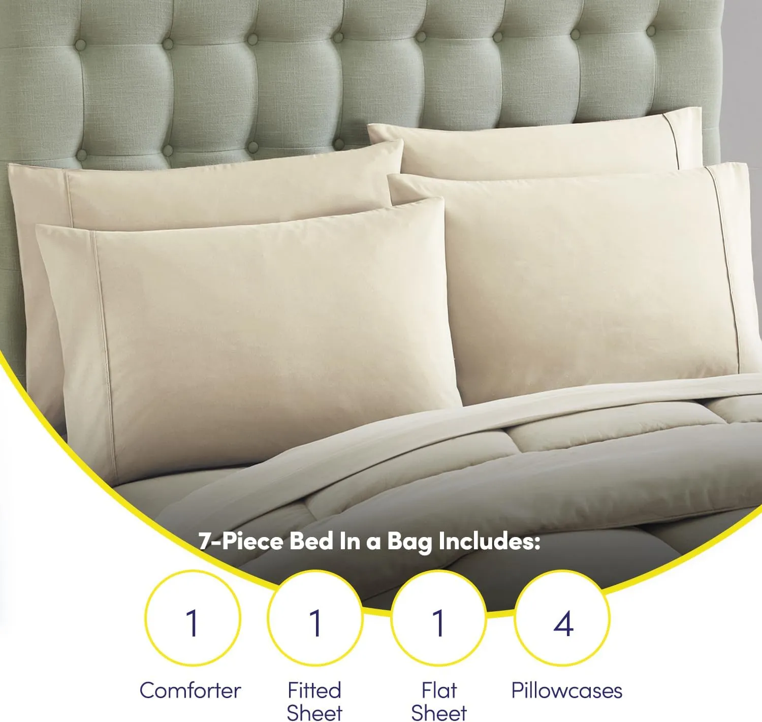 Sweet Home Collection 7 Piece Comforter Set Bag Solid Color All Season Soft Down Alternative Blanket & Luxurious Microfiber Bed Sheets, Beige, Queen