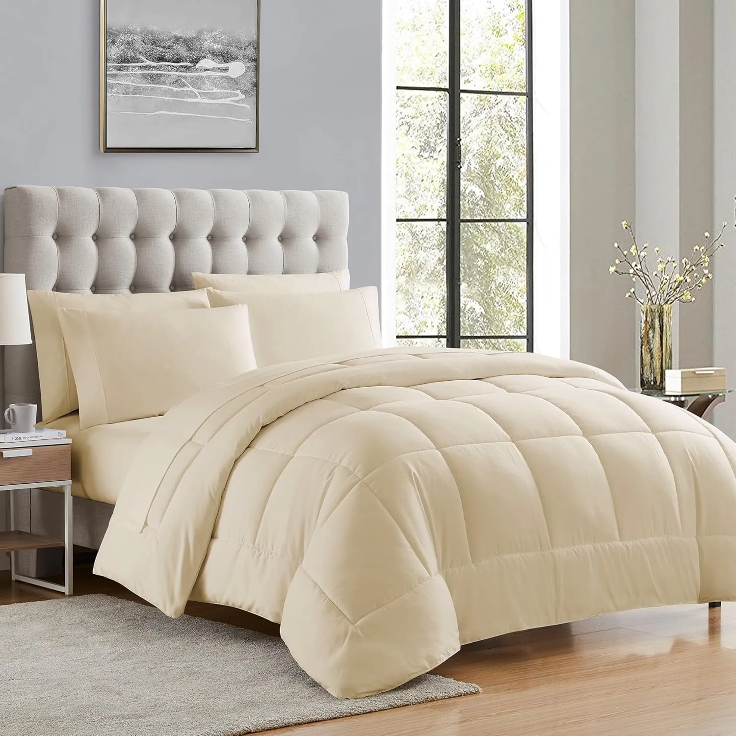 Sweet Home Collection 7 Piece Comforter Set Bag Solid Color All Season Soft Down Alternative Blanket & Luxurious Microfiber Bed Sheets, Beige, Queen