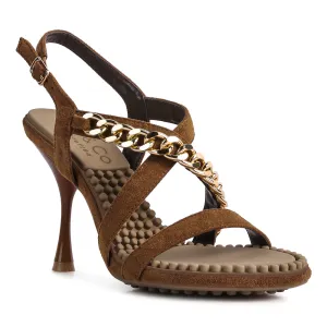 Tan Metal Chain Mid Heel Sandal