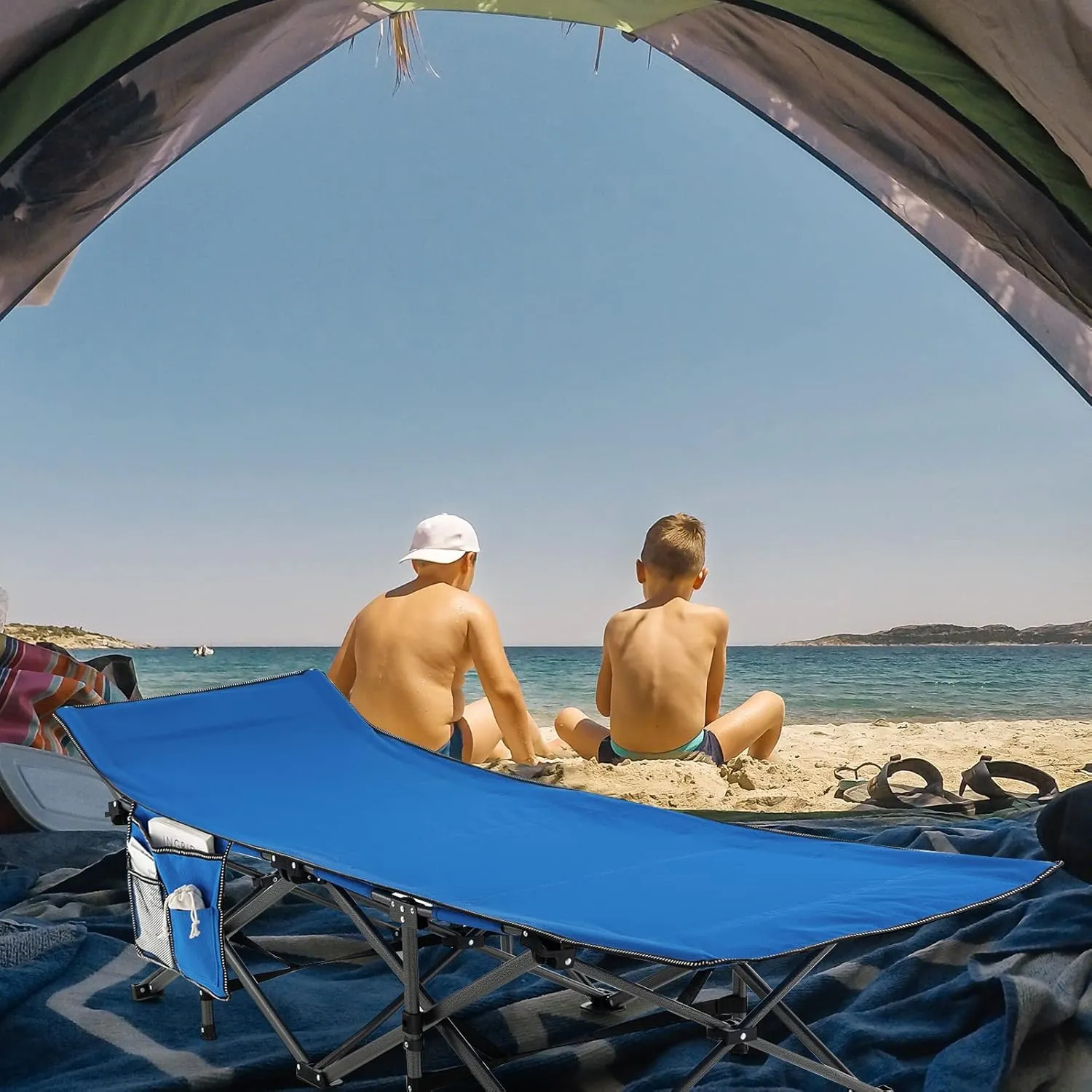 Tangkula Foldable Camping Cot, Portable Sleeping Cot with Carrying Bag, Side Storage Pocket, Sleeping Cot Bed for Adults, Indoor Outdoor Sleeping Bed for Camp, Travel, Office, Supports 600Lbs (Blue)