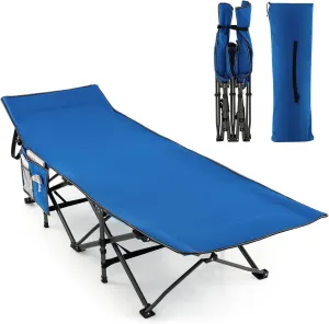 Tangkula Foldable Camping Cot, Portable Sleeping Cot with Carrying Bag, Side Storage Pocket, Sleeping Cot Bed for Adults, Indoor Outdoor Sleeping Bed for Camp, Travel, Office, Supports 600Lbs (Blue)