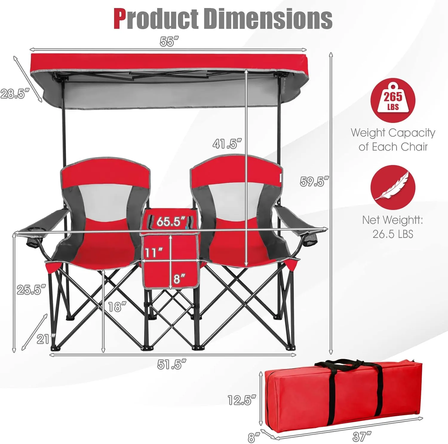 Tangkula Loveseat Camping Chair with Adjustable Shade Canopy, Portable Beach Chair with Cooler Bag, 2 Cup Holders, Carrying Bag, Foldable Double Lawn Chair for Travel, Fishing, Picnic (Red)