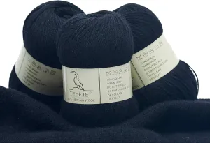 TEHETE 100% Merino Wool Yarn for Knitting 3-Ply Luxury Warm Soft Lightweight Blue Crochet Yarn (Black)