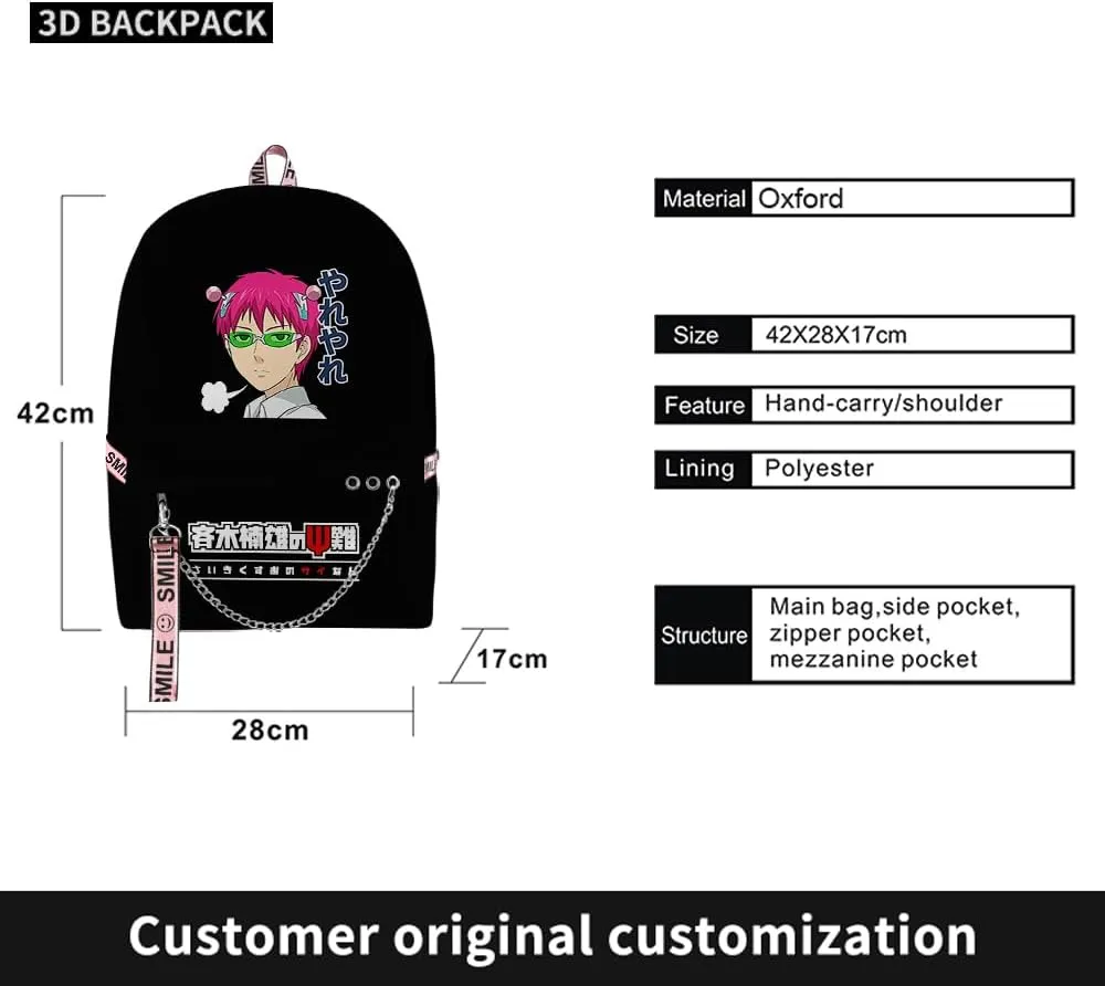 The Disastrous Life of Saiki K Merch One Size Backpack Anime Three Piece Travel Backpack (Black-Bag)