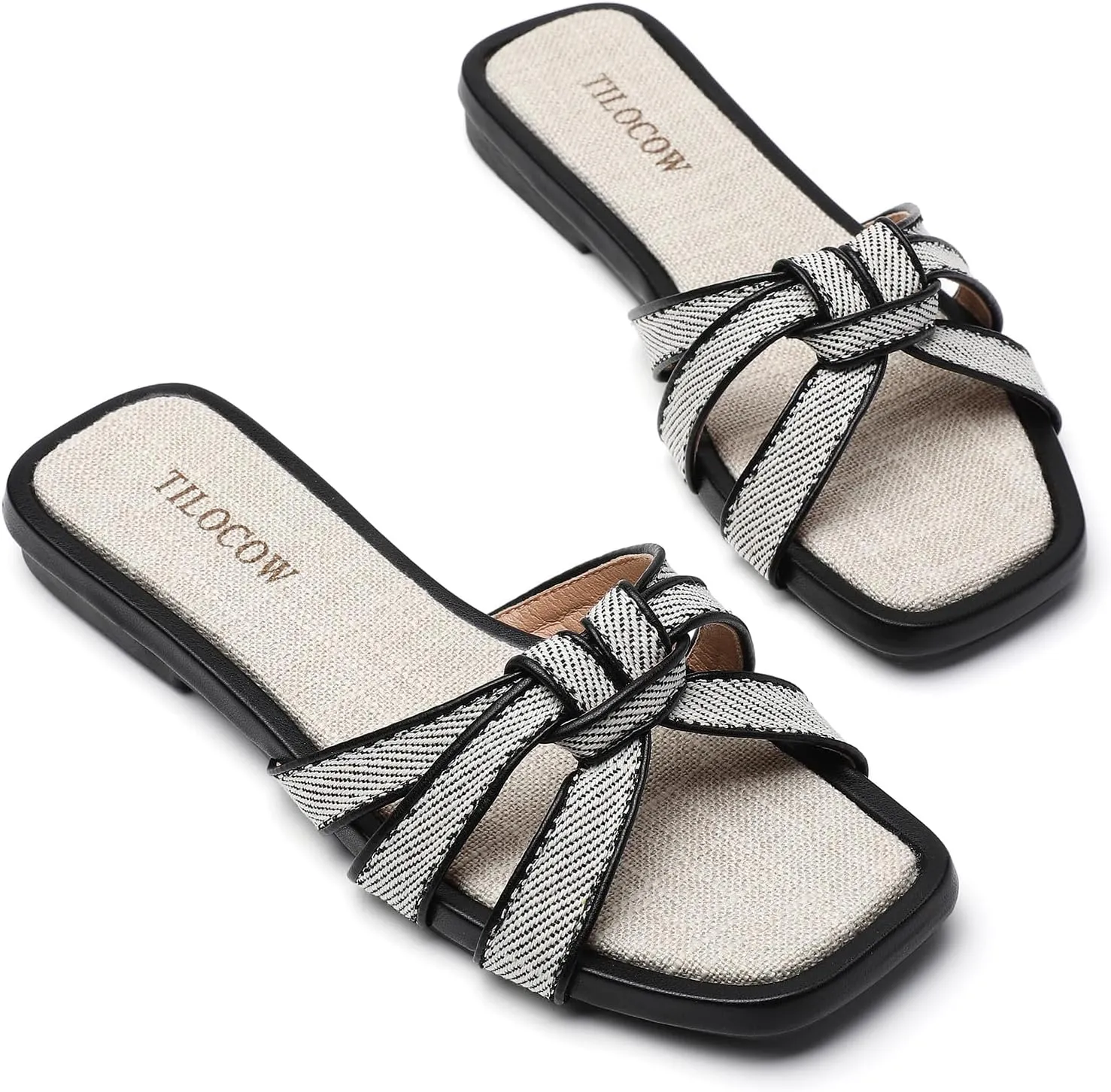 Tilocow Women Flat Sandals Slip On Comfortable Square Open Toe Slides Vacation Shoes