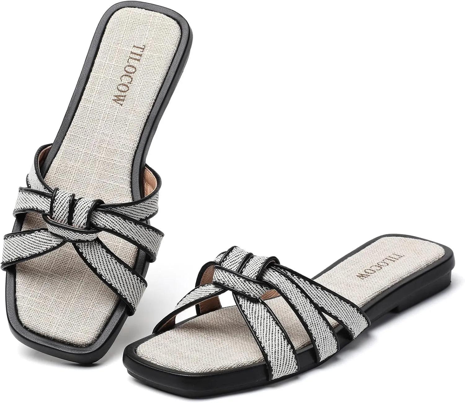 Tilocow Women Flat Sandals Slip On Comfortable Square Open Toe Slides Vacation Shoes