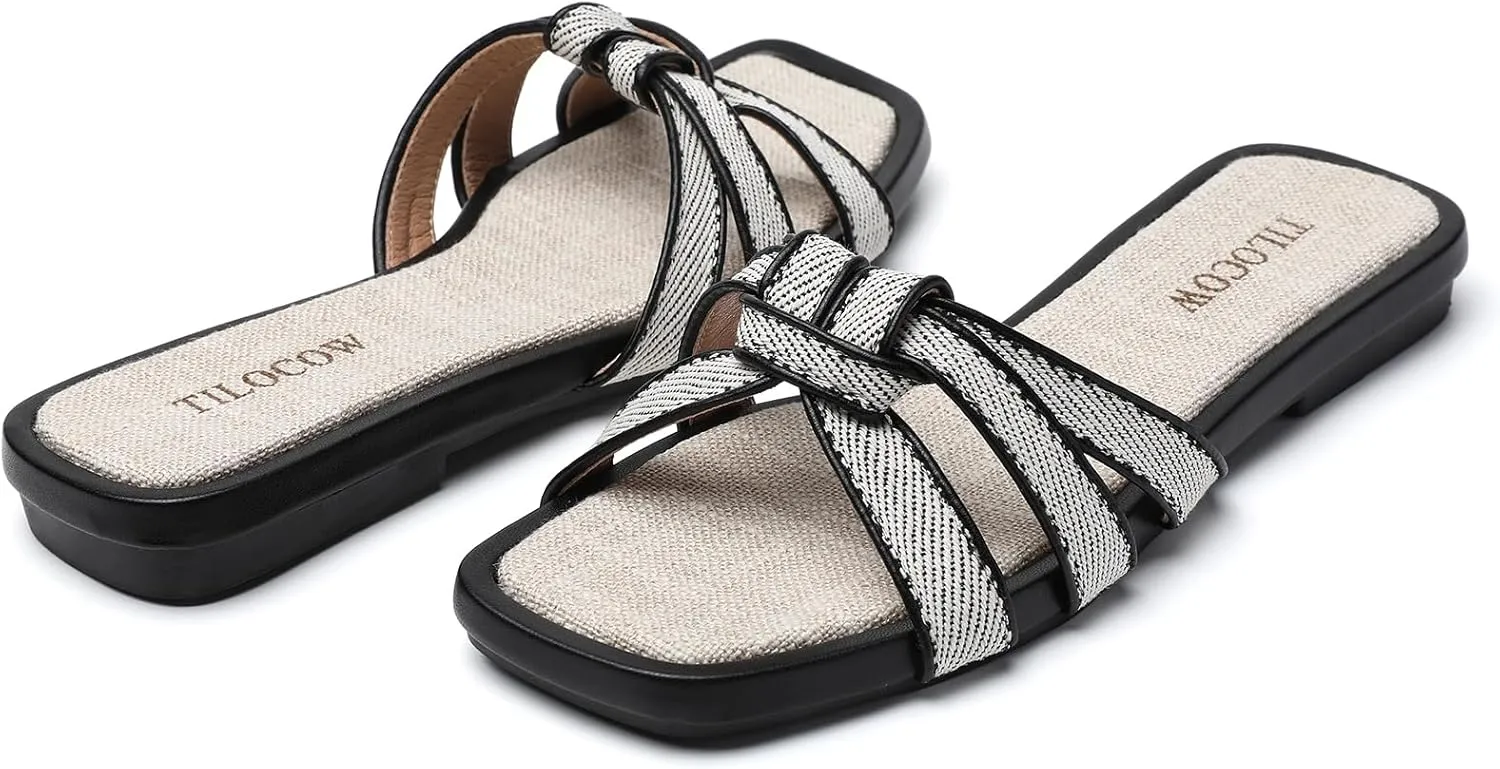 Tilocow Women Flat Sandals Slip On Comfortable Square Open Toe Slides Vacation Shoes