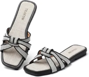 Tilocow Women Flat Sandals Slip On Comfortable Square Open Toe Slides Vacation Shoes