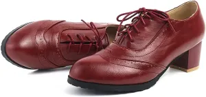 Tscoyuki Women's Wingtip Oxford Shoes Lace Up Chunky Mid-Heel Vintage Perforated Brogues Oxfords Heels Dress Pumps Office Shoes