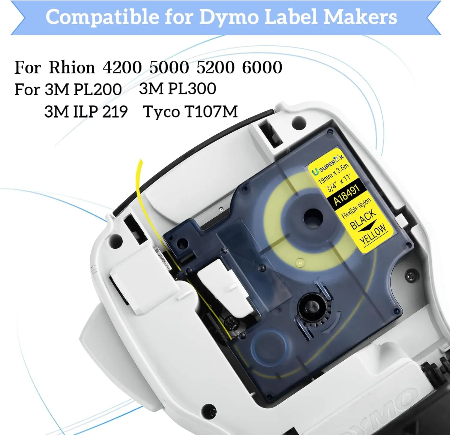 USUPERINK 10 Pack Compatible for Dymo Rhino Industrial Flexible Nylon Labels 18491 Black on Yellow 19mm Label Tape 3/4" x 11.5' for Wires Cables for Rhino 4200 5200 5000 6000 Label Maker