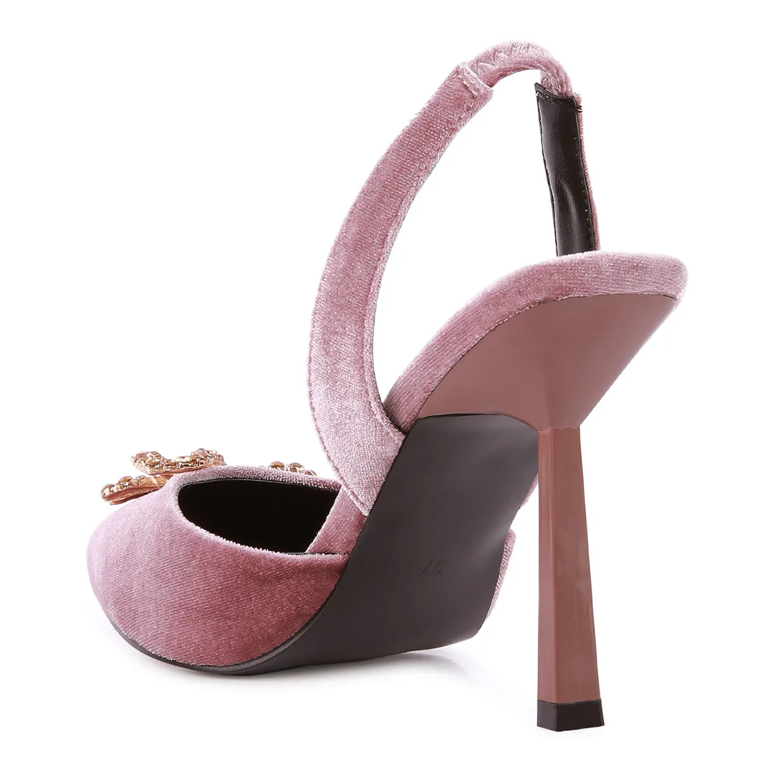 Velvet Diamante Detail Heeled Slingback Mules