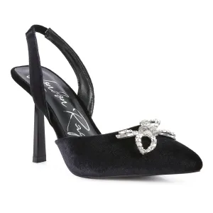Velvet Diamante Detail Heeled Slingback Mules