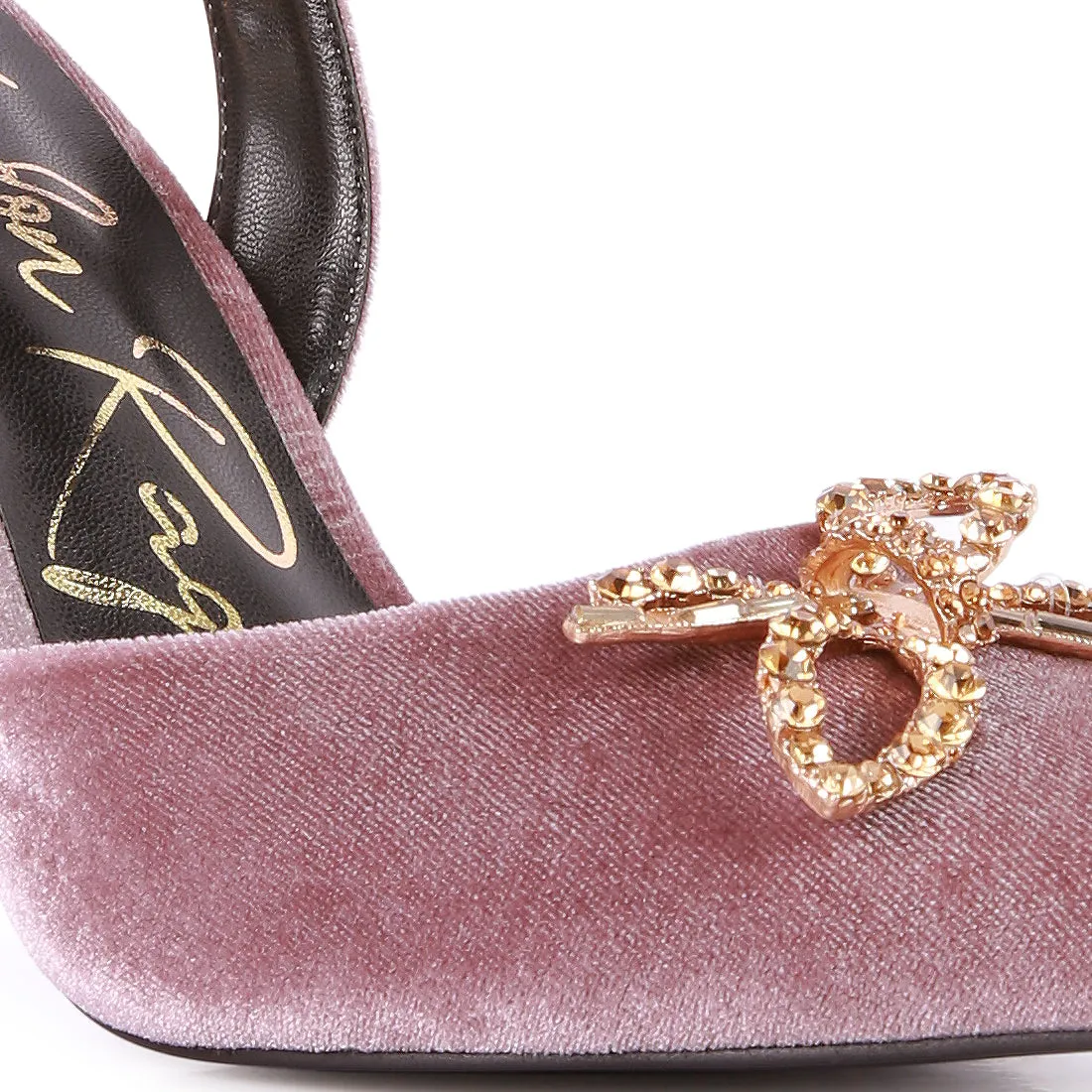 Velvet Diamante Detail Heeled Slingback Mules