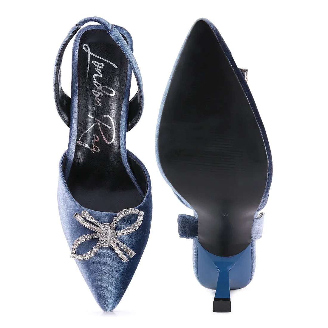 Velvet Diamante Detail Heeled Slingback Mules