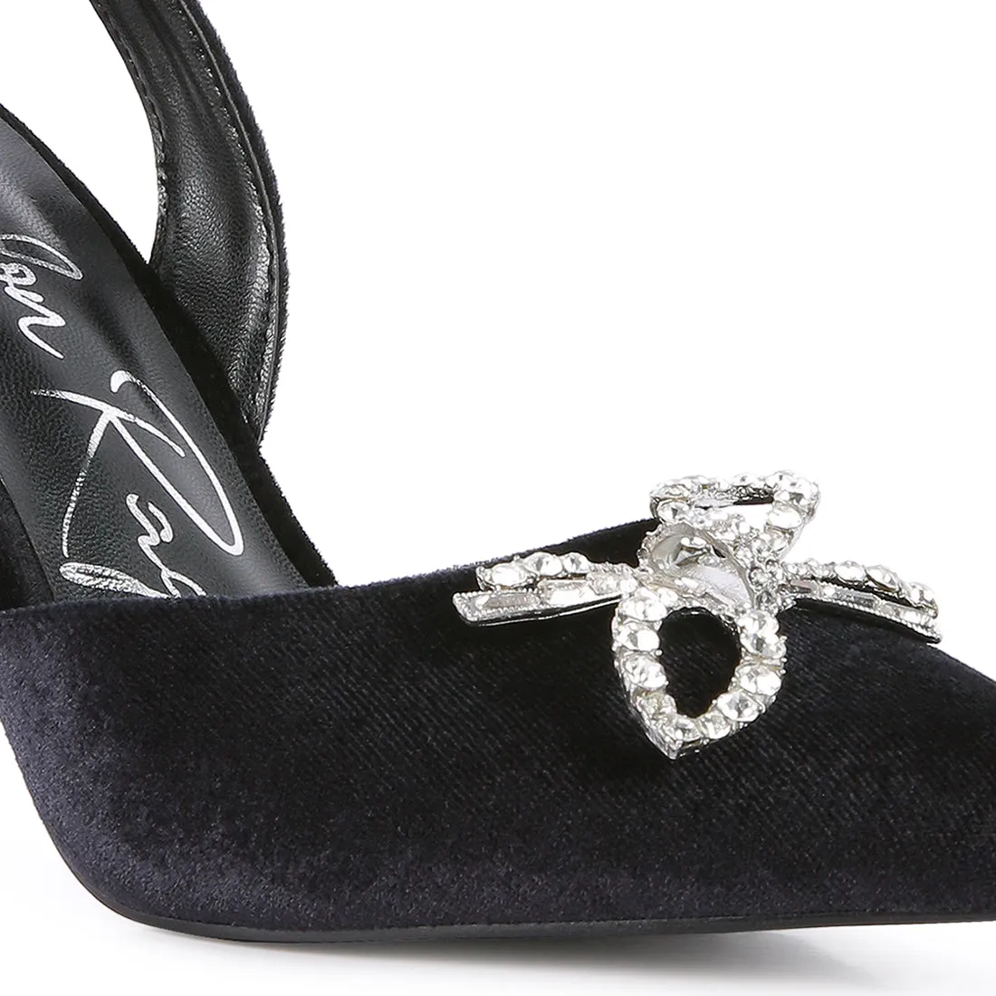Velvet Diamante Detail Heeled Slingback Mules