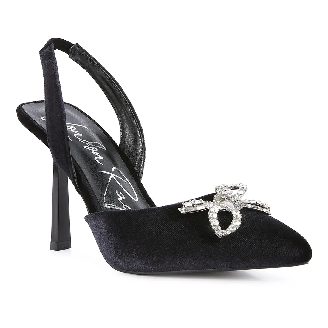 Velvet Diamante Detail Heeled Slingback Mules