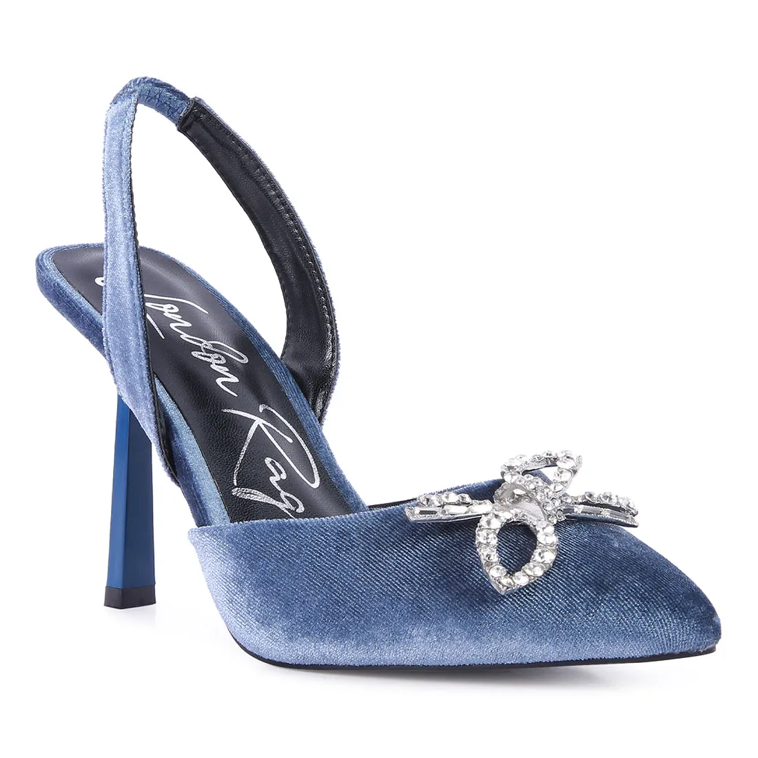 Velvet Diamante Detail Heeled Slingback Mules