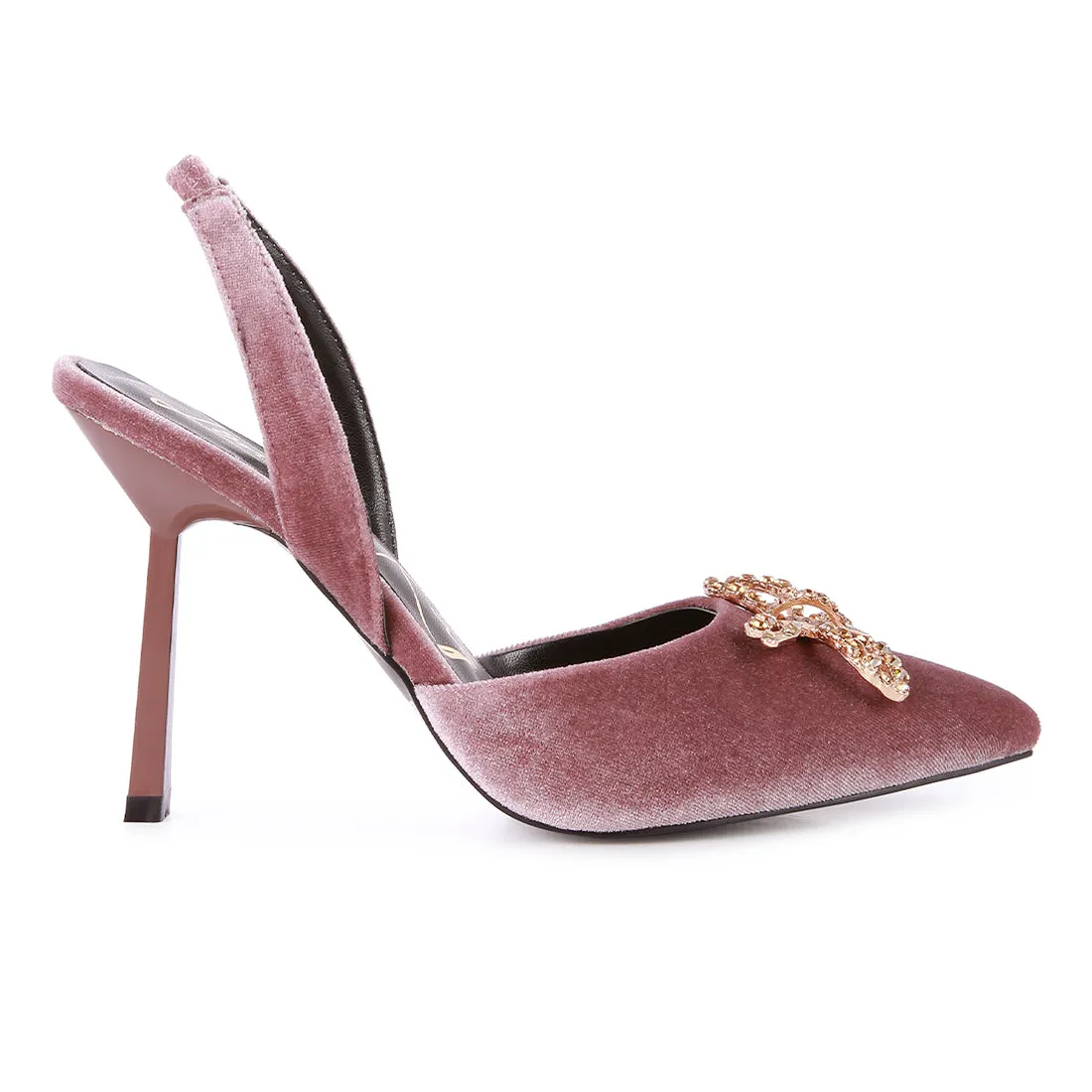 Velvet Diamante Detail Heeled Slingback Mules