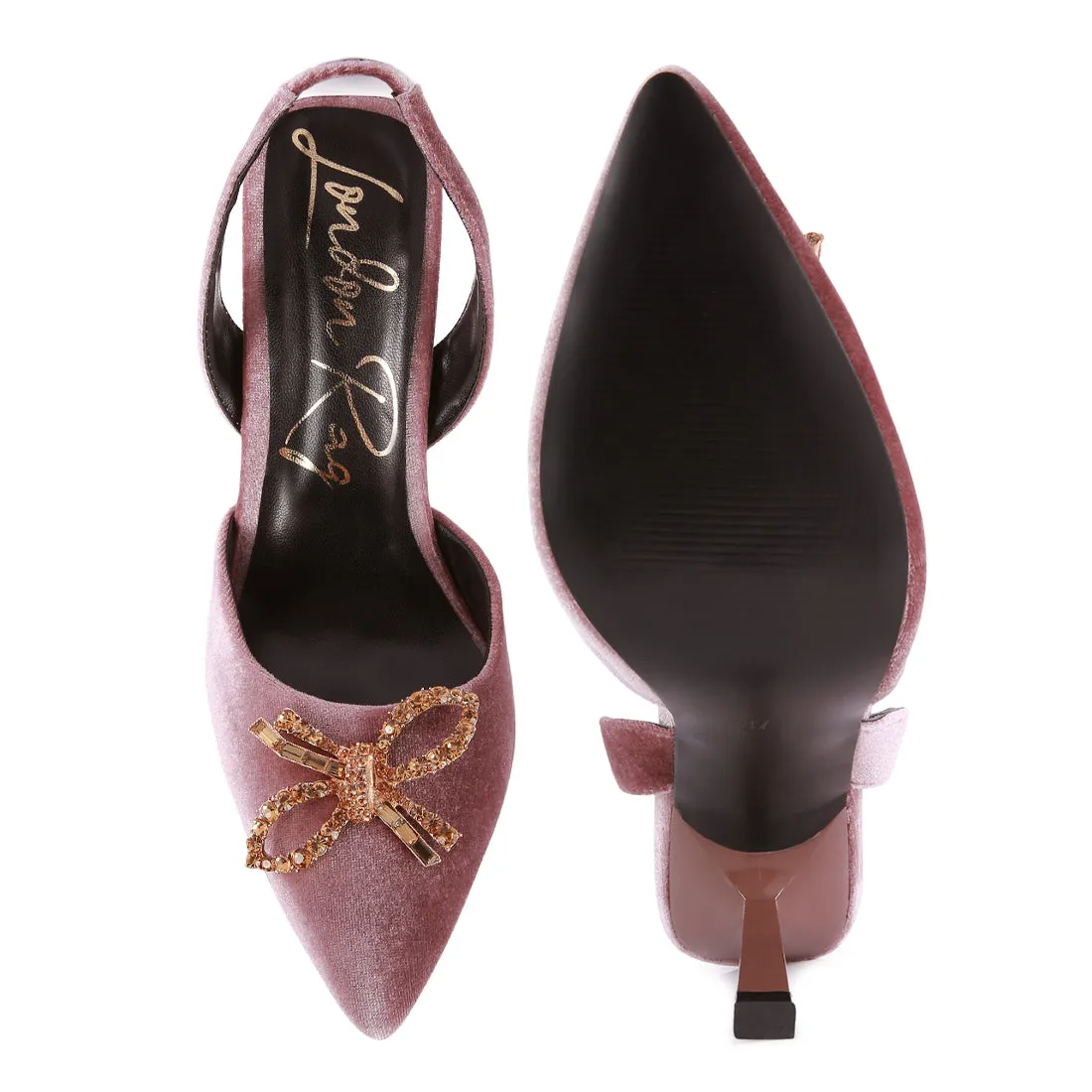 Velvet Diamante Detail Heeled Slingback Mules