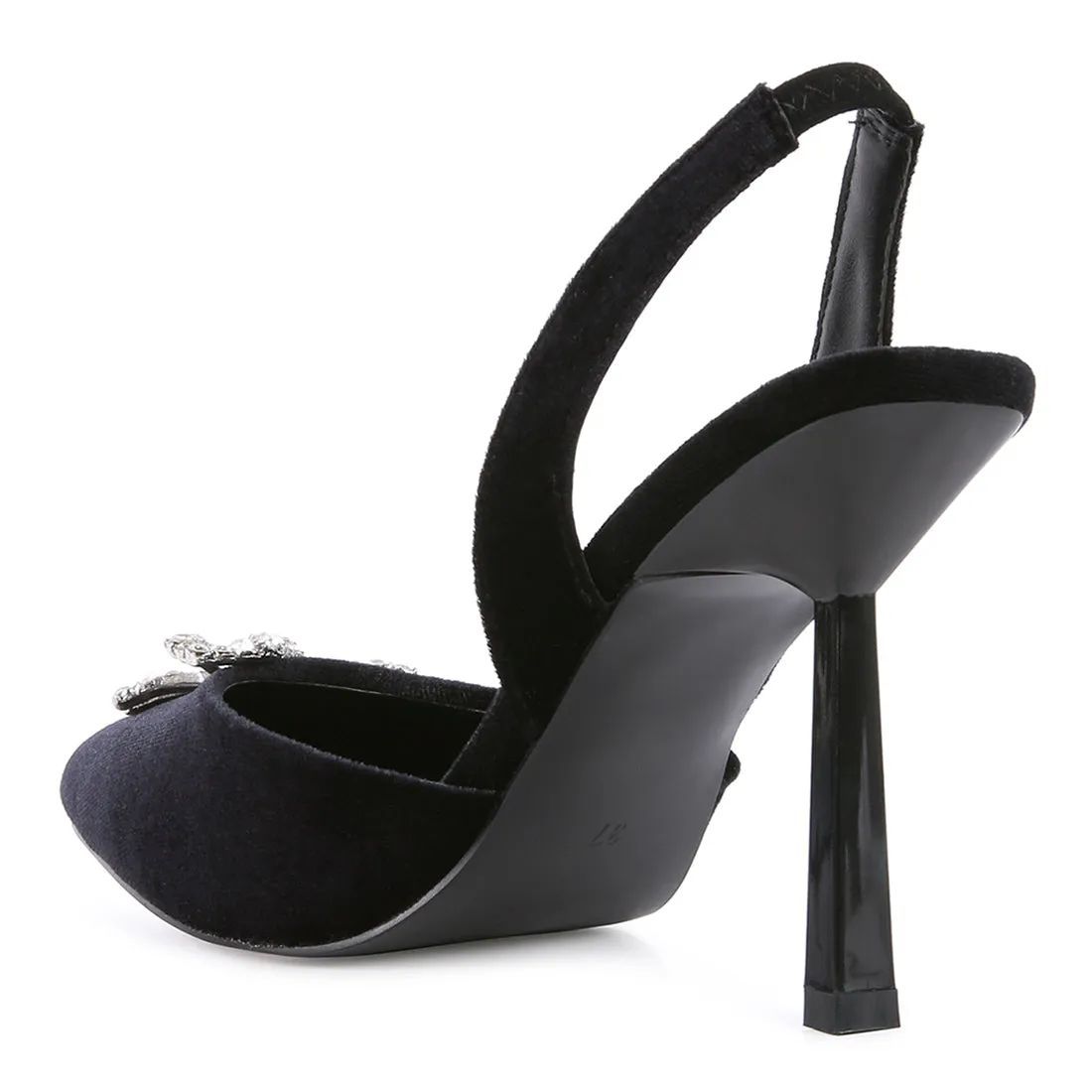 Velvet Diamante Detail Heeled Slingback Mules