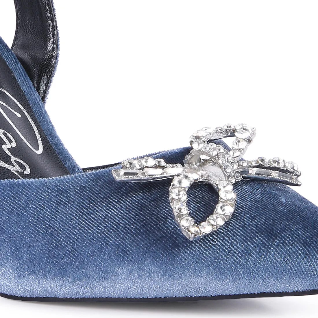 Velvet Diamante Detail Heeled Slingback Mules