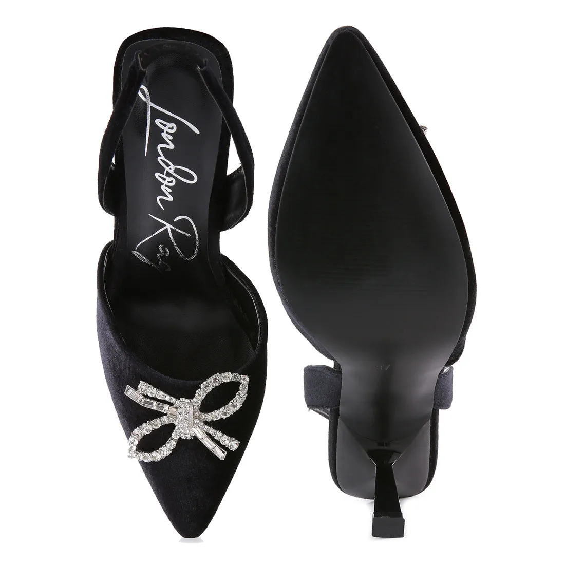 Velvet Diamante Detail Heeled Slingback Mules