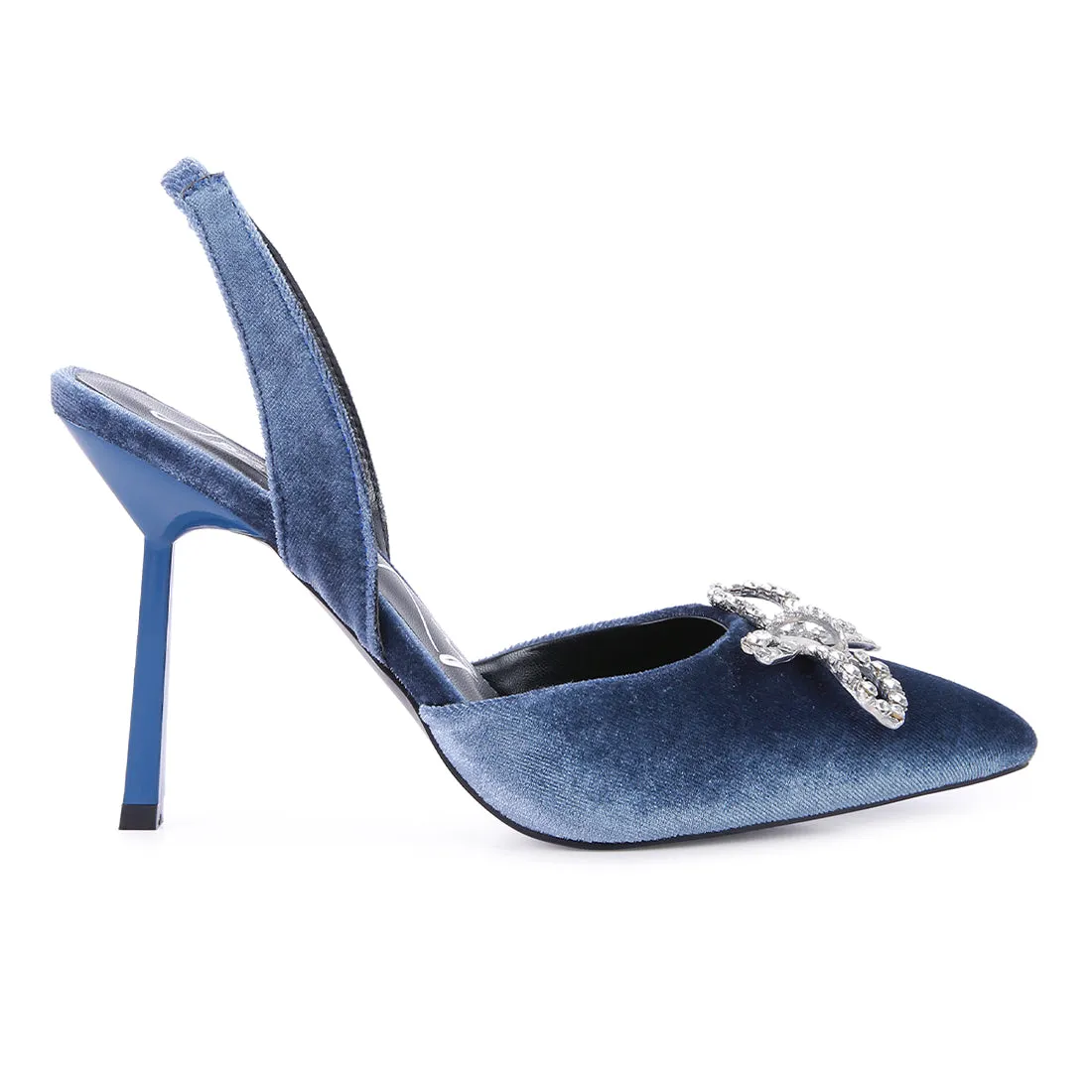 Velvet Diamante Detail Heeled Slingback Mules