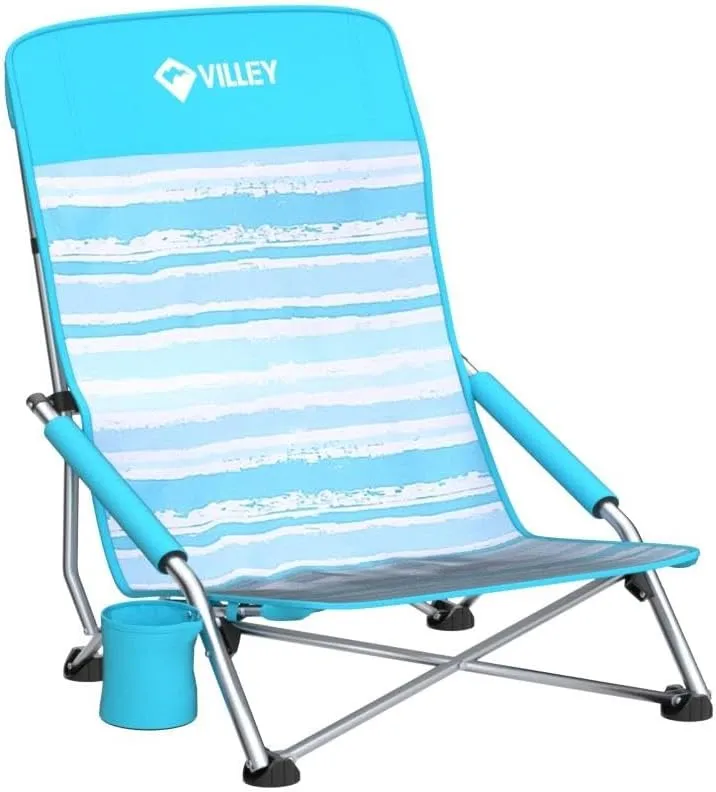 VILLEY Low Beach Chairs for Adults 2 Pack, High Back Folding Beach Chairs, Lightweight and Portable for Outdoor, Beach, Camping, Lawn, Music Festival, with Cup Holder and Carry Bag-Blue Stripes