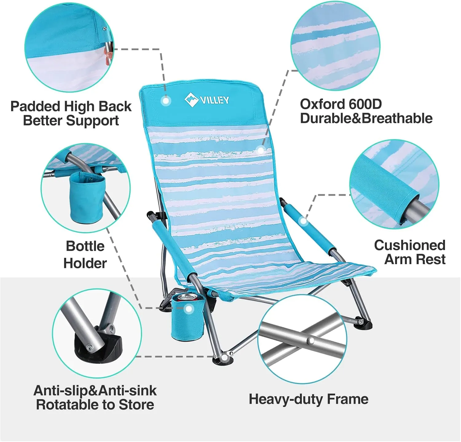 VILLEY Low Beach Chairs for Adults 2 Pack, High Back Folding Beach Chairs, Lightweight and Portable for Outdoor, Beach, Camping, Lawn, Music Festival, with Cup Holder and Carry Bag-Blue Stripes