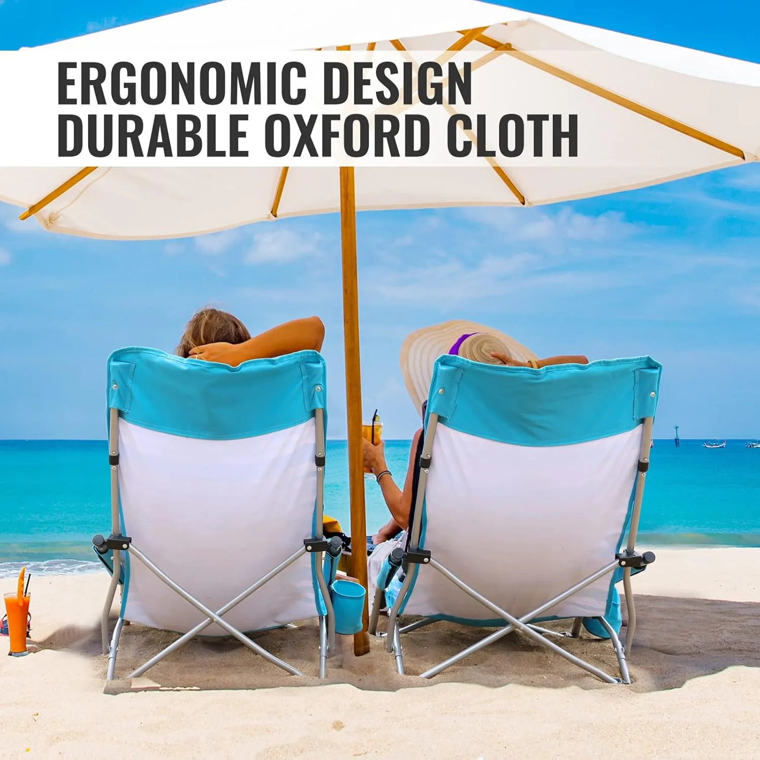 VILLEY Low Beach Chairs for Adults 2 Pack, High Back Folding Beach Chairs, Lightweight and Portable for Outdoor, Beach, Camping, Lawn, Music Festival, with Cup Holder and Carry Bag-Blue Stripes