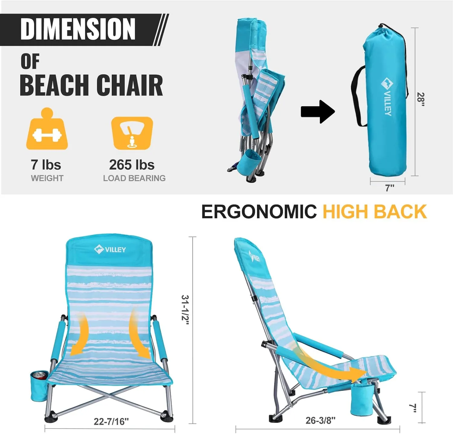 VILLEY Low Beach Chairs for Adults 2 Pack, High Back Folding Beach Chairs, Lightweight and Portable for Outdoor, Beach, Camping, Lawn, Music Festival, with Cup Holder and Carry Bag-Blue Stripes