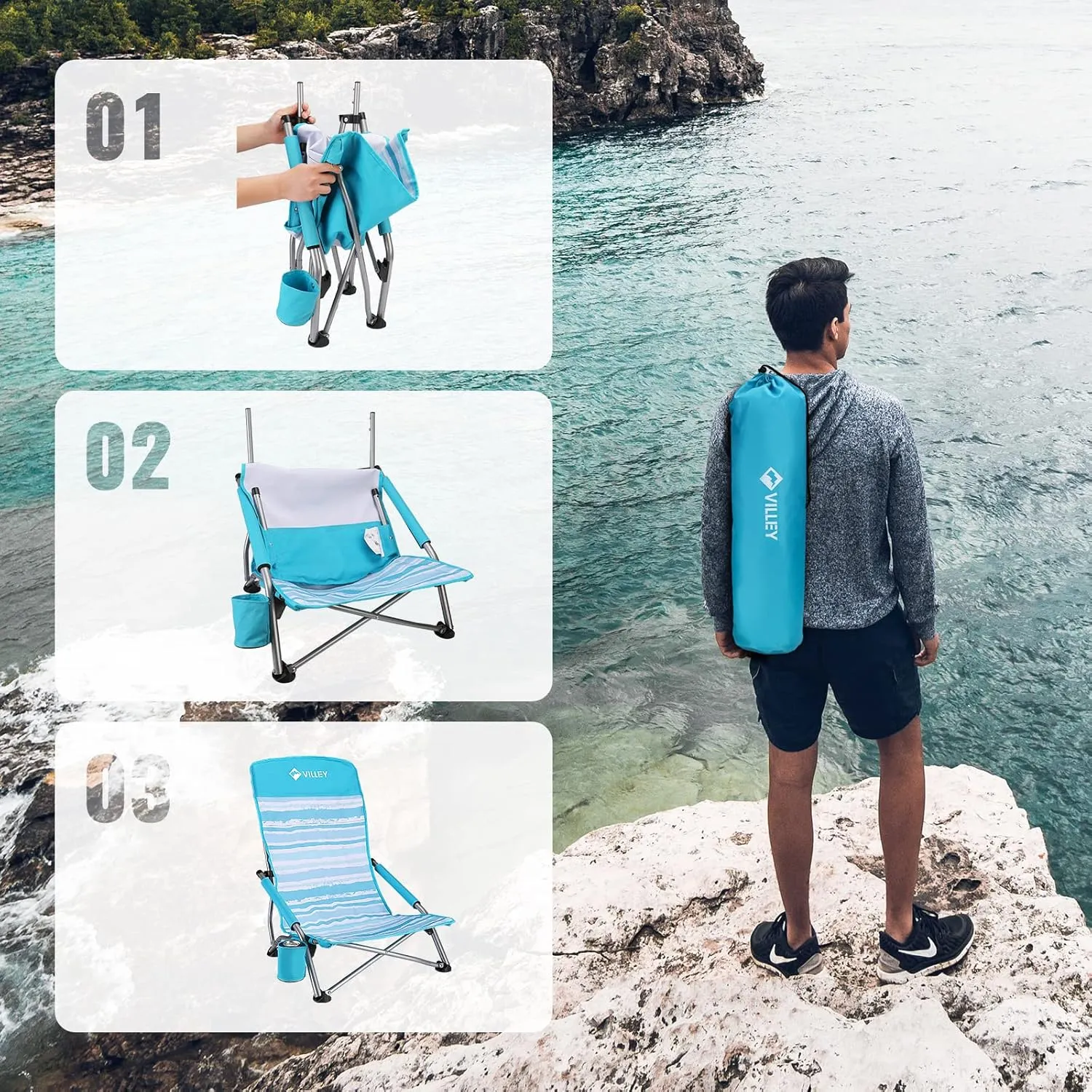 VILLEY Low Beach Chairs for Adults 2 Pack, High Back Folding Beach Chairs, Lightweight and Portable for Outdoor, Beach, Camping, Lawn, Music Festival, with Cup Holder and Carry Bag-Blue Stripes