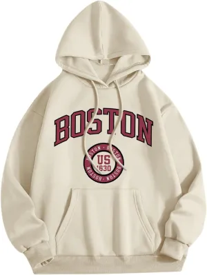 Vintage Boston Graphic Hoodies for Women Oversized Preppy Sweatshirt Letter Print Long Sleeve Casual Pullover Tops