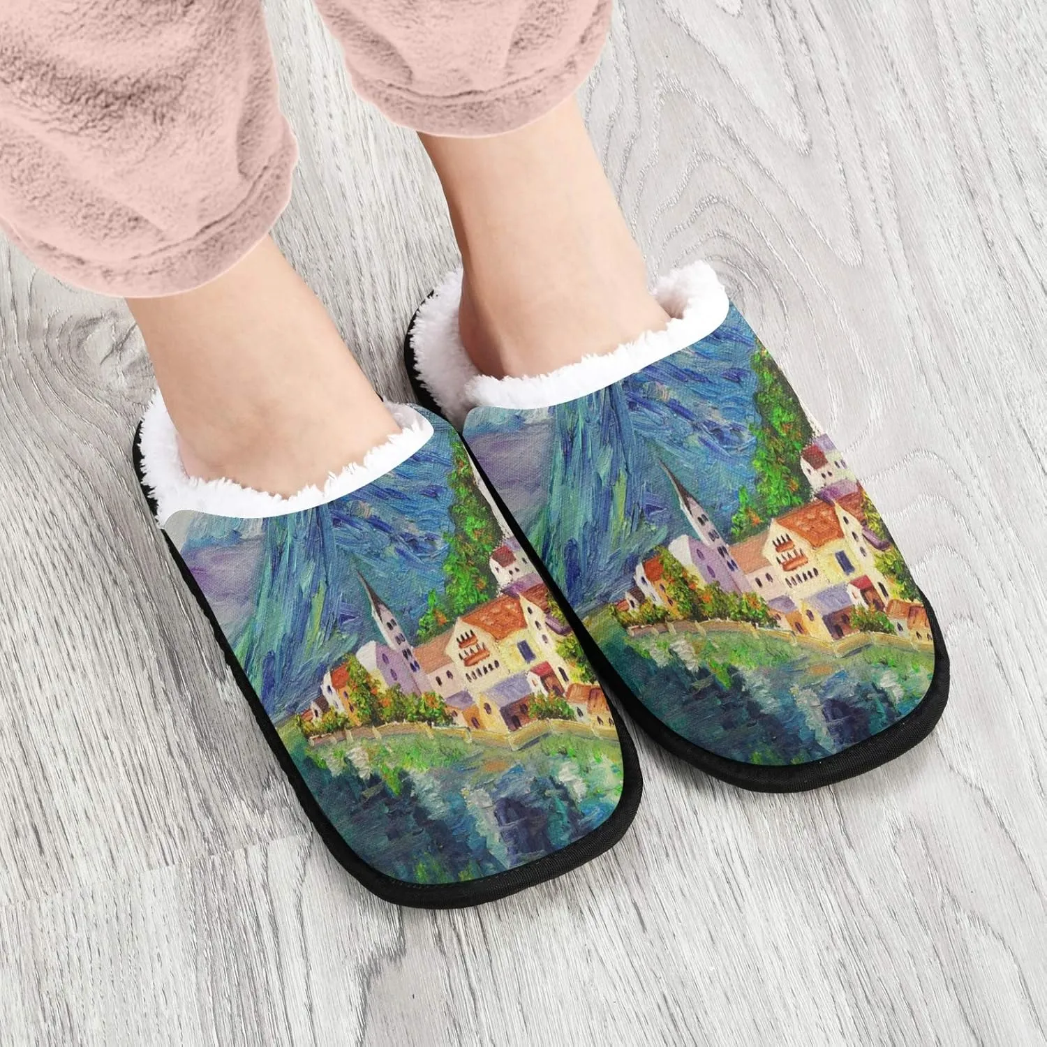 visesunny Women's Cozy Fuzzy Plush Fleece Slippers Oil Painting Hallstatt Austria Soft Memory Foam Ladies House Shoes Warm Bedroom Flat Shoe Anti-Slip Indoor Outdoor