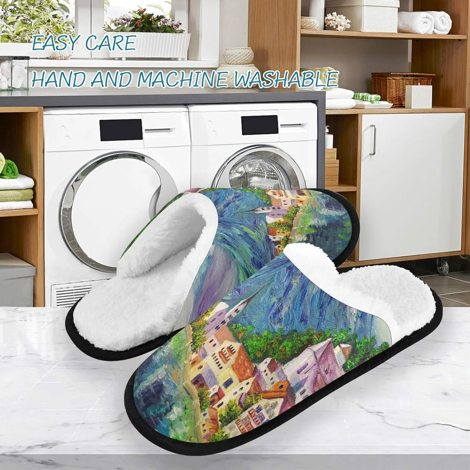 visesunny Women's Cozy Fuzzy Plush Fleece Slippers Oil Painting Hallstatt Austria Soft Memory Foam Ladies House Shoes Warm Bedroom Flat Shoe Anti-Slip Indoor Outdoor