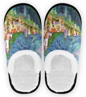 visesunny Women's Cozy Fuzzy Plush Fleece Slippers Oil Painting Hallstatt Austria Soft Memory Foam Ladies House Shoes Warm Bedroom Flat Shoe Anti-Slip Indoor Outdoor