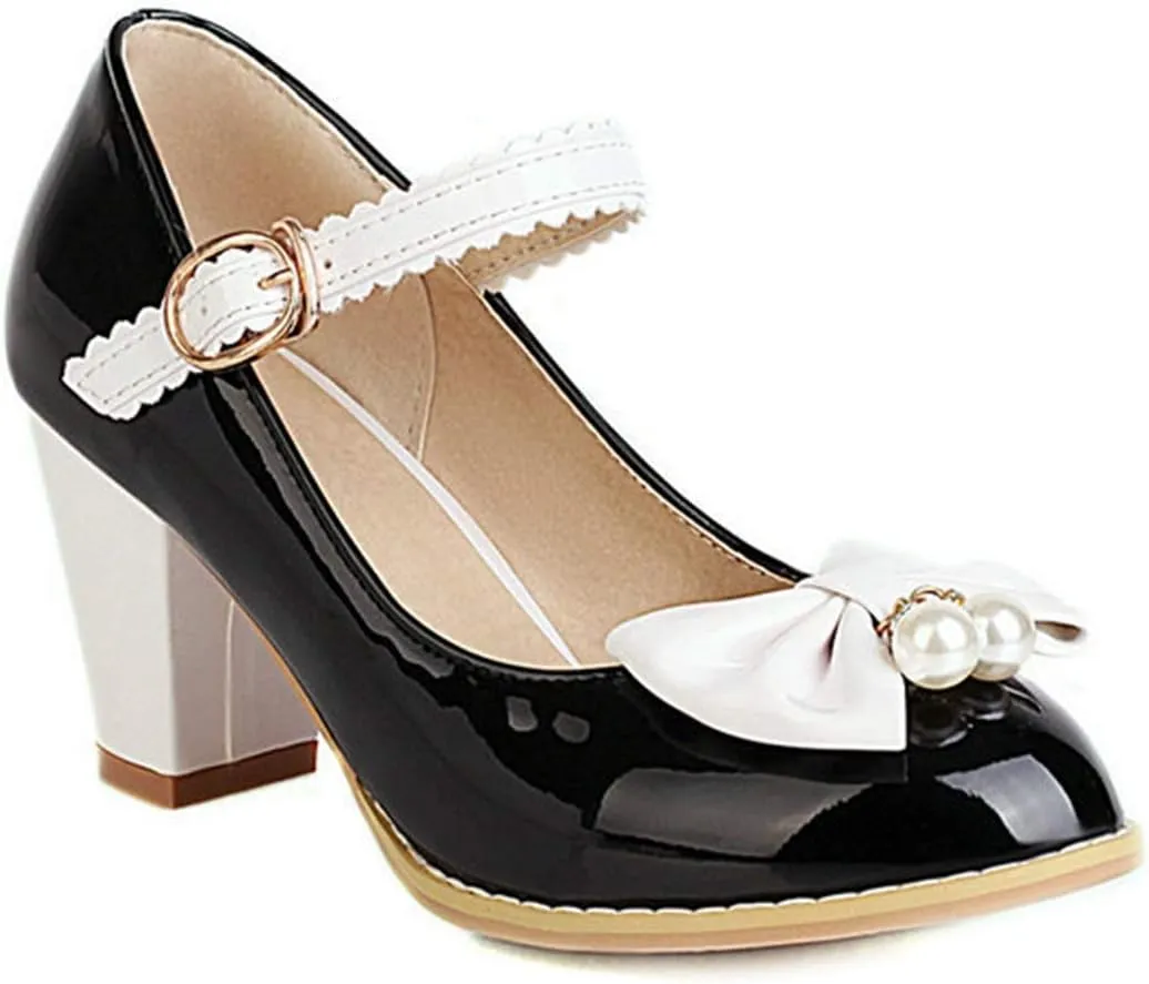 VOKLIN Women's Girls Lolita Sweet Bow Mary Jane Pumps Ankle Strap Platform Block High Heel Oxford Dress Shoes
