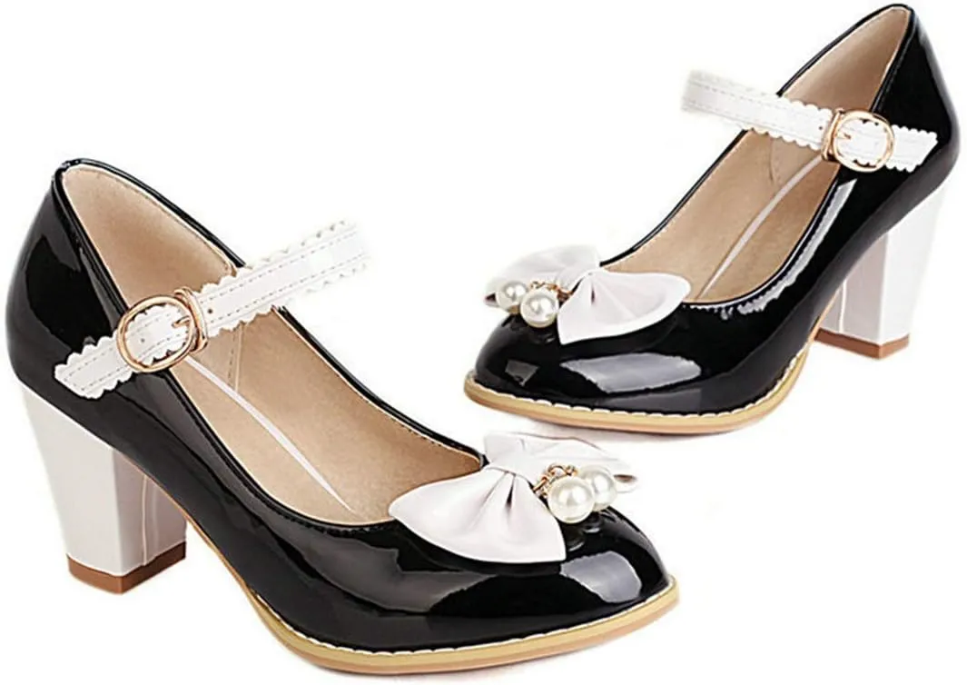 VOKLIN Women's Girls Lolita Sweet Bow Mary Jane Pumps Ankle Strap Platform Block High Heel Oxford Dress Shoes