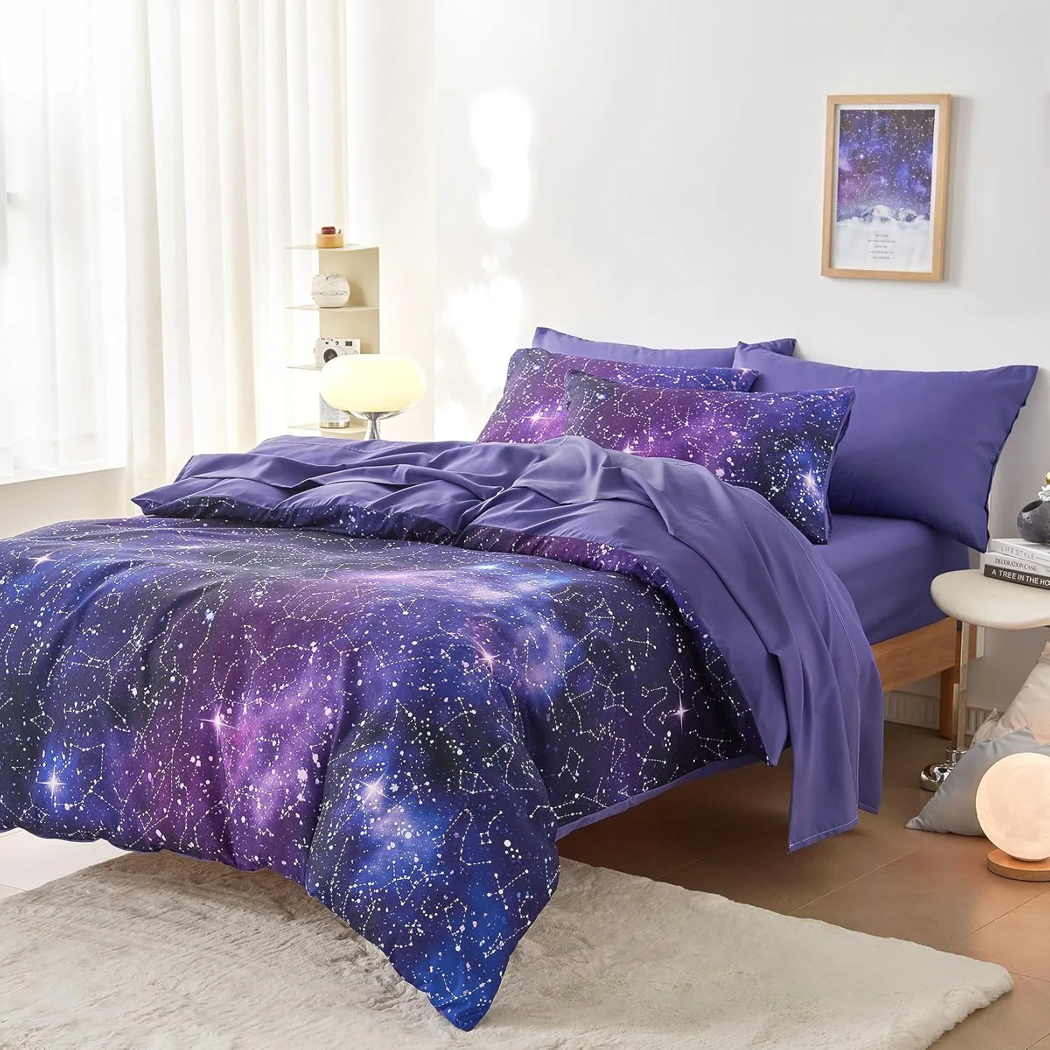Wake In Cloud - Constellation Comforter Set with Sheets, Celestial Space Star Galaxy Astrology Lightweight Bedding for Teen Kids Boys Girls, 7 Pieces Bed in a Bag, Indigo Purple, Queen Size