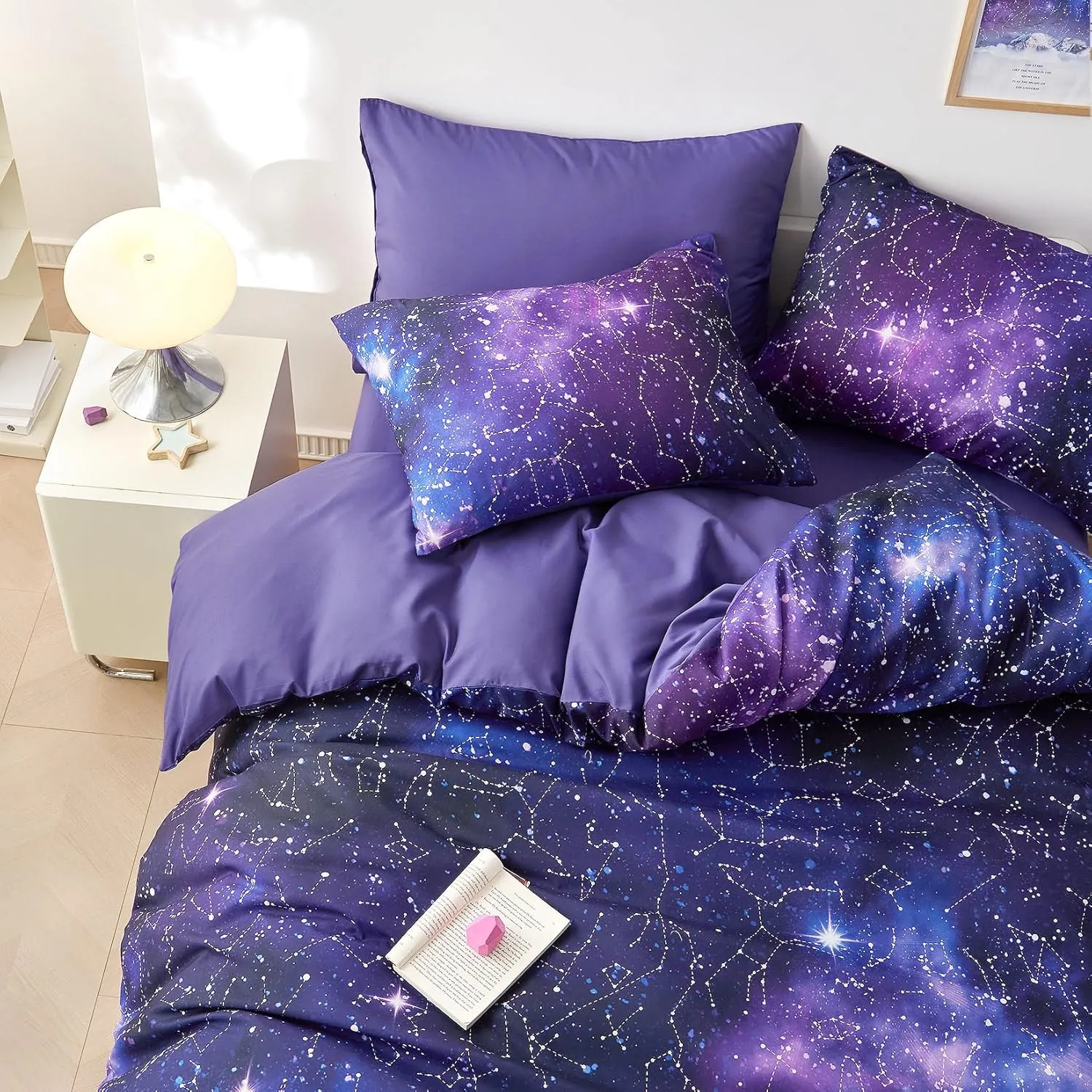 Wake In Cloud - Constellation Comforter Set with Sheets, Celestial Space Star Galaxy Astrology Lightweight Bedding for Teen Kids Boys Girls, 7 Pieces Bed in a Bag, Indigo Purple, Queen Size