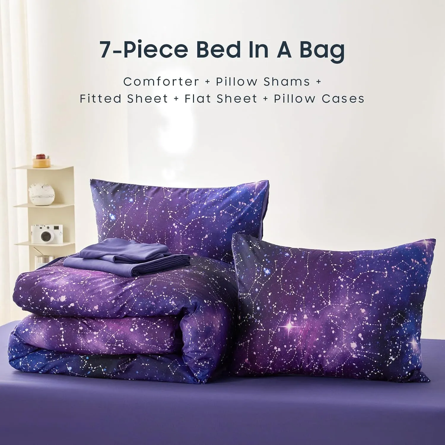 Wake In Cloud - Constellation Comforter Set with Sheets, Celestial Space Star Galaxy Astrology Lightweight Bedding for Teen Kids Boys Girls, 7 Pieces Bed in a Bag, Indigo Purple, Queen Size