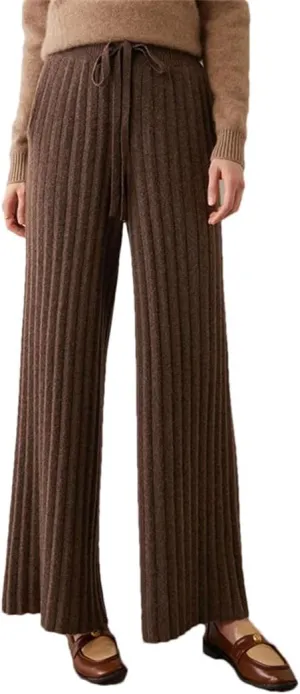 Women 100% Cashmere Pants Knit Striped Lace-Up Wide Leg Trousers Elastic Waist Thicken Warm Soft Sweatpants