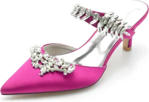 Women Pointed Toe Rhinestone Slide Mule Pumps Sexy Evening Satin Crystal Kitten Low Heel Dress Shoes